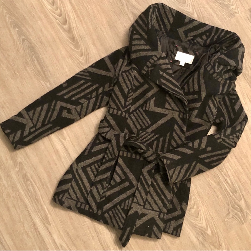 Tribal print belted pea coat with hood